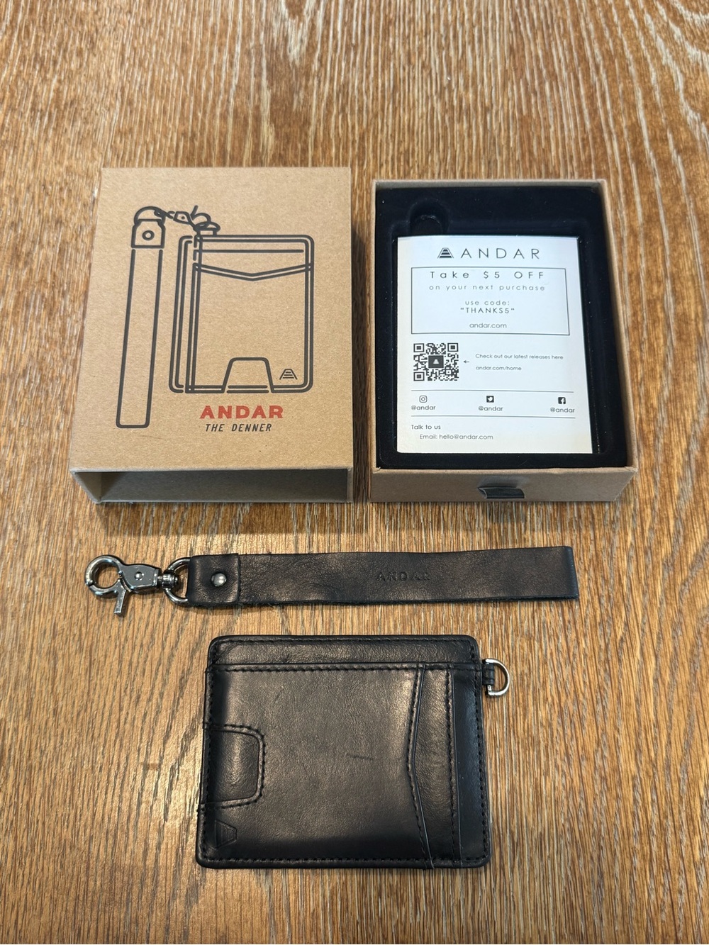 Andar The Denner Wallet Black Leather + Wrist Strap & Original Box